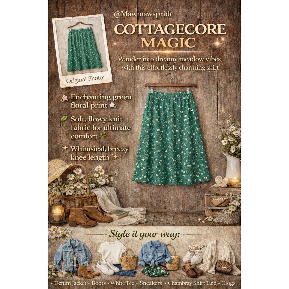 COTTAGECORE ENCHANTING FLOWY Floral Knit‎ A-Line Skirt effortless charm  Large